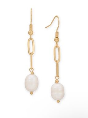 Gold Tone Paperclip Freshwater Pearl Drop Earrings